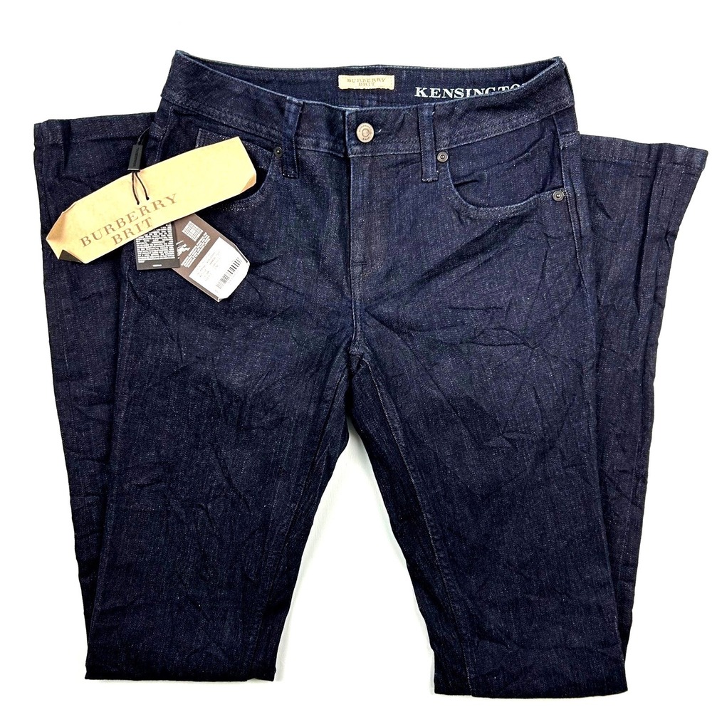 Burberry Brit Kensington Slim Jeans Dark Indigo Nova Check Cuff Womens 27W NEW